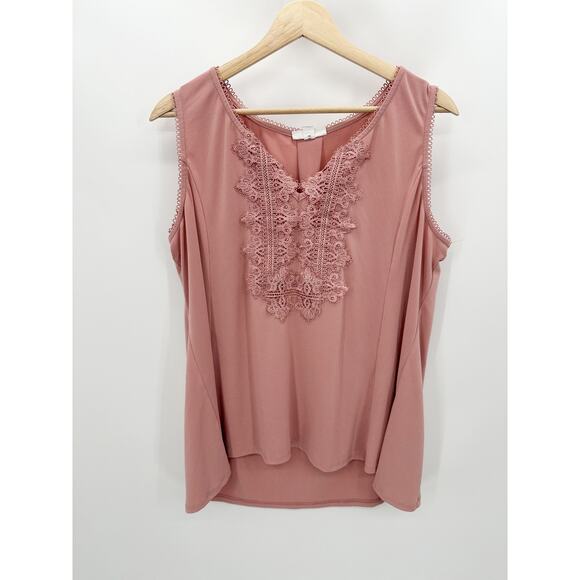 Westport Top Women 1X Pink V-Neck Sleeveless Lace Polyester Blend Tank - Picture 1 of 8